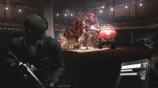 Intense boss battle in Resident Evil 6 showing Leon facing a grotesque mutated creature near a fuel tanker – buy the complete Resident Evil Triple Pack at RushGame.co