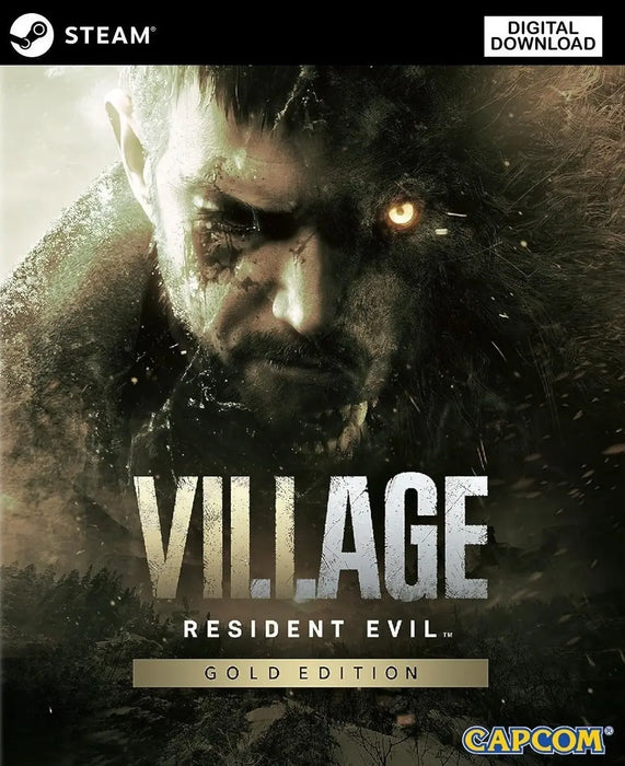 Cover art of Resident Evil: Village Gold Edition for PC Steam, featuring the haunting split-face of protagonist and werewolf imagery. Purchase your digital Steam key now at RushGame.co for instant delivery and secure checkout