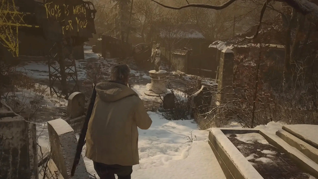 Snow-covered village path in Resident Evil: Village Gold Edition PC Steam, with the player exploring a cursed settlement at dusk. Explore the full game with a Steam CD key available at RushGame.co