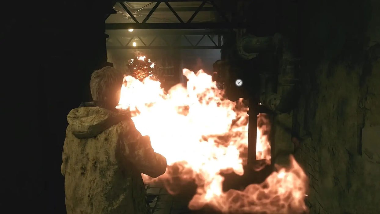 Gameplay screenshot from Resident Evil: Village Gold Edition on PC Steam showing intense flamethrower combat in a dark mechanical corridor. Get your Steam CD key at RushGame.co and experience the terror firsthand