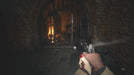 Gameplay image from Resident Evil Village on Steam, featuring a tense first-person view of a gated dungeon area lit by torchlight. Get your official CD key now from RushGame.co and dive into the darkness