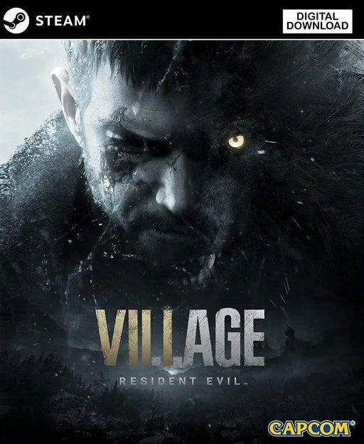 Resident Evil Village Steam digital cover art featuring protagonist Ethan Winters with a sinister werewolf transformation. Purchase the full game now at RushGame.co with secure delivery and low prices