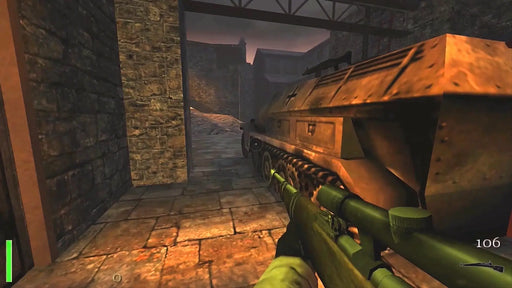 Action scene from Return to Castle Wolfenstein showing a player aiming a sniper rifle near a German armored vehicle. Buy your PC Steam key fast and securely at RushGame.co