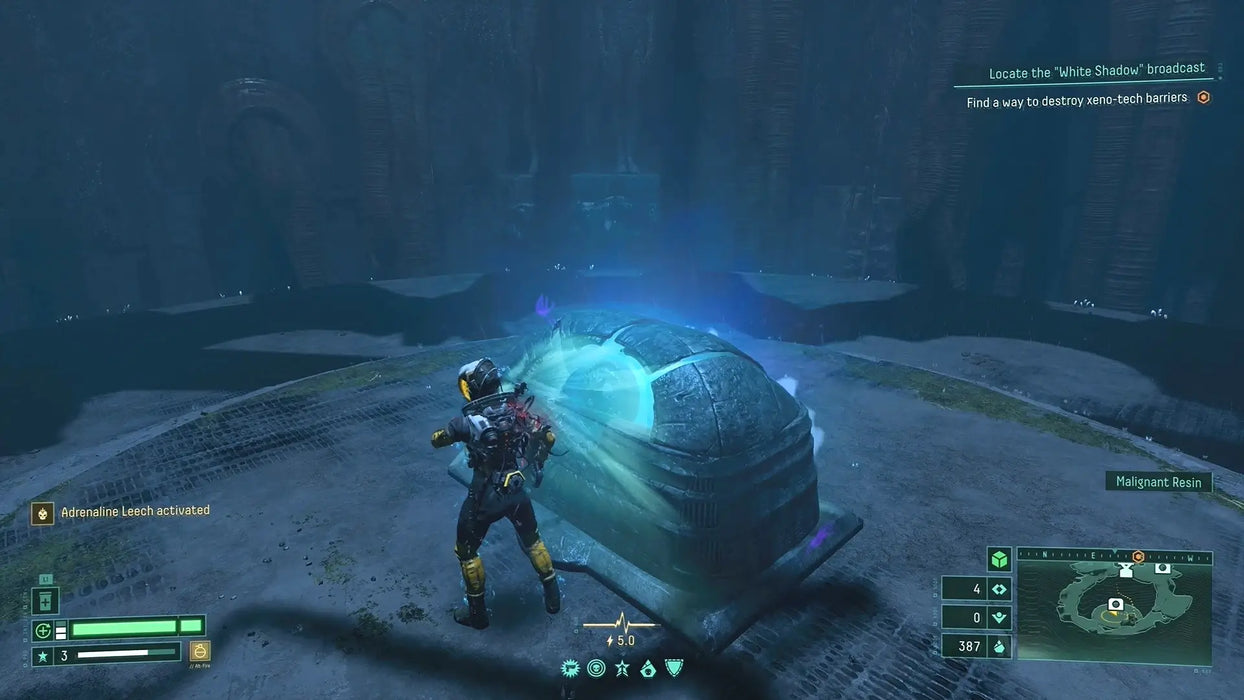 Player interacting with an alien artifact in Returnal's eerie blue-lit zone, showcasing sci-fi elements and roguelike mechanics. Purchase Returnal for PC Steam with fast delivery at RushGame.co