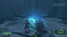 Player interacting with an alien artifact in Returnal's eerie blue-lit zone, showcasing sci-fi elements and roguelike mechanics. Purchase Returnal for PC Steam with fast delivery at RushGame.co