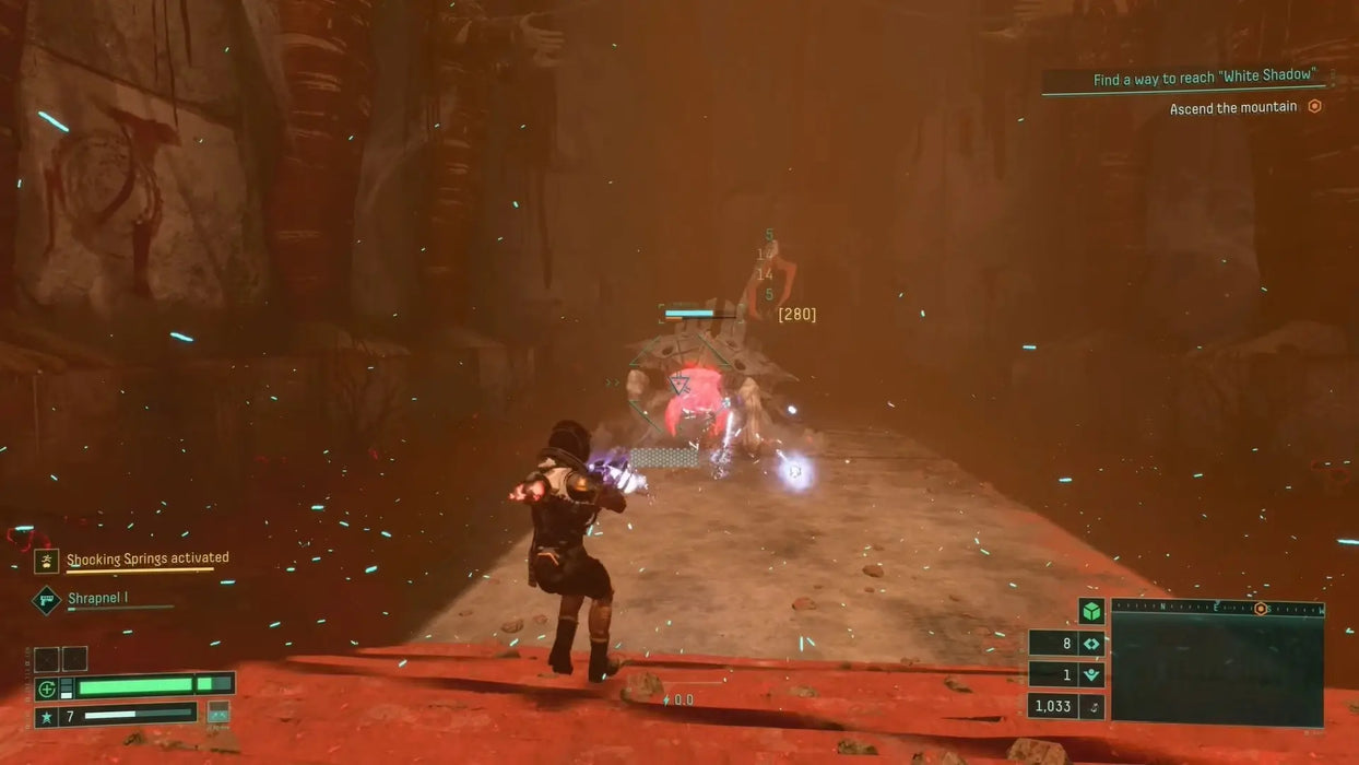 Intense third-person combat scene in Returnal for PC Steam, featuring the protagonist battling alien enemies with electric projectiles in a mysterious, glowing red environment. Buy the Returnal Steam CD Key instantly at RushGame.co