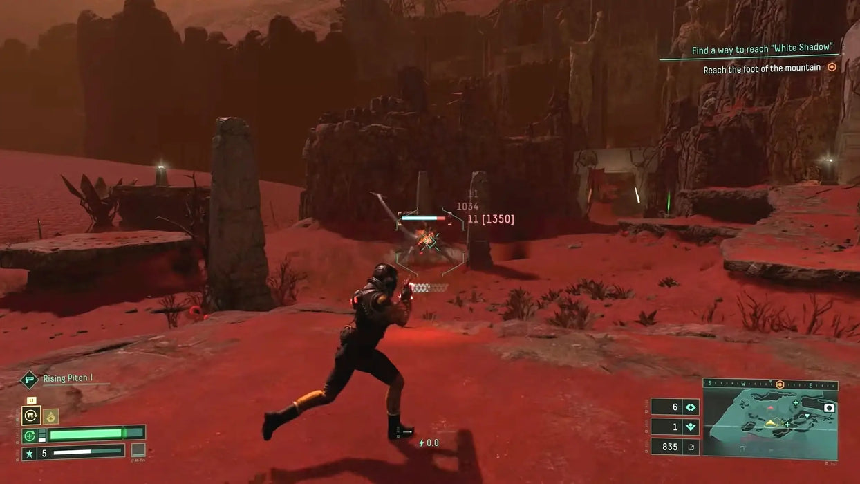 Dynamic gameplay from Returnal PC edition, showing the player firing at a hostile creature in a hostile alien desert with vibrant red terrain. Get your digital Returnal Steam CD Key now at RushGame.co