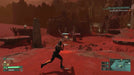 Dynamic gameplay from Returnal PC edition, showing the player firing at a hostile creature in a hostile alien desert with vibrant red terrain. Get your digital Returnal Steam CD Key now at RushGame.co
