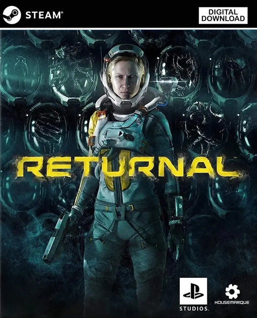 Cover art of Returnal for PC Steam, featuring astronaut Selene in a high-tech suit with shattered helmets and alien reflections in the background. Buy the Returnal Steam CD Key now at RushGame.co for fast and secure digital delivery