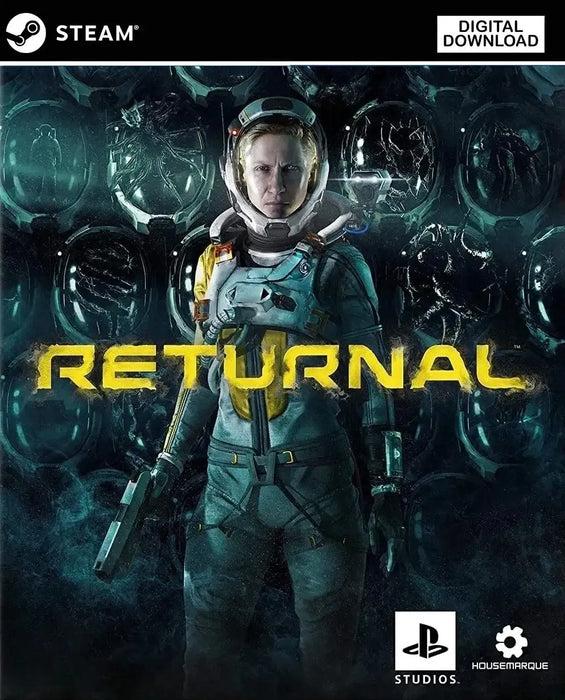 Cover art of Returnal for PC Steam, featuring astronaut Selene in a high-tech suit with shattered helmets and alien reflections in the background. Buy the Returnal Steam CD Key now at RushGame.co for fast and secure digital delivery
