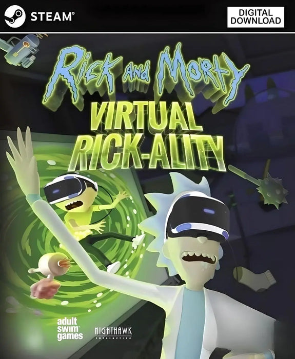 Cover art for Rick and Morty: Virtual Rick-ality PC Steam CD Key, featuring Rick and Morty in VR gear jumping through a green portal. Purchase your Steam key now at RushGame.co for instant digital delivery