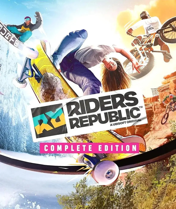 Cover art of Riders Republic Complete Edition for PC Ubisoft Connect, featuring athletes performing extreme sports such as snowboarding, biking, and skateboarding. Get your activation key instantly at RushGame.co