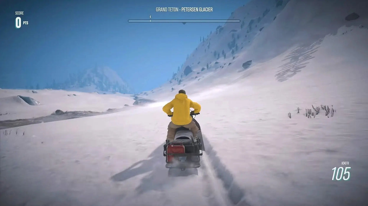 Gameplay screenshot from Riders Republic on PC, showing thrilling snowmobile action through the snowy expanse of Grand Teton's Petersen Glacier. Available at RushGame.co