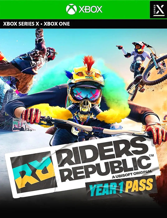 Cover art for Riders Republic Year 1 Pass DLC on Xbox One and Xbox Series X|S showcasing extreme sports action with vibrant visuals. Get your DLC activation key at RushGame.co
