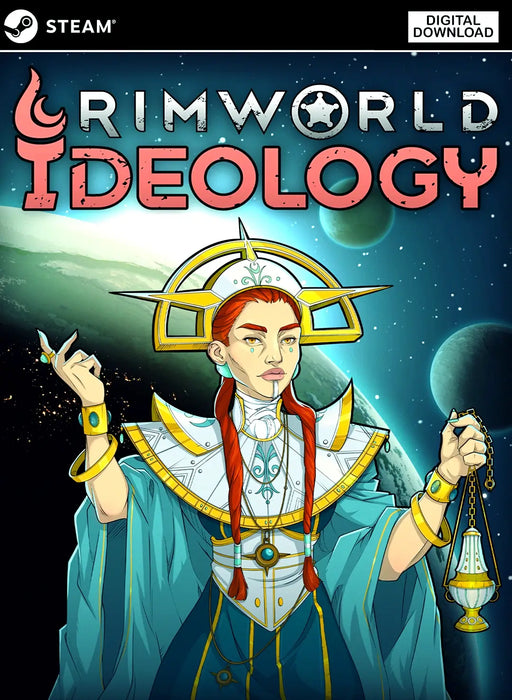 Cover art for RimWorld Ideology DLC on PC Steam featuring stylized artwork of a leader holding ceremonial items against a cosmic backdrop. Purchase your Steam activation key at RushGame.co