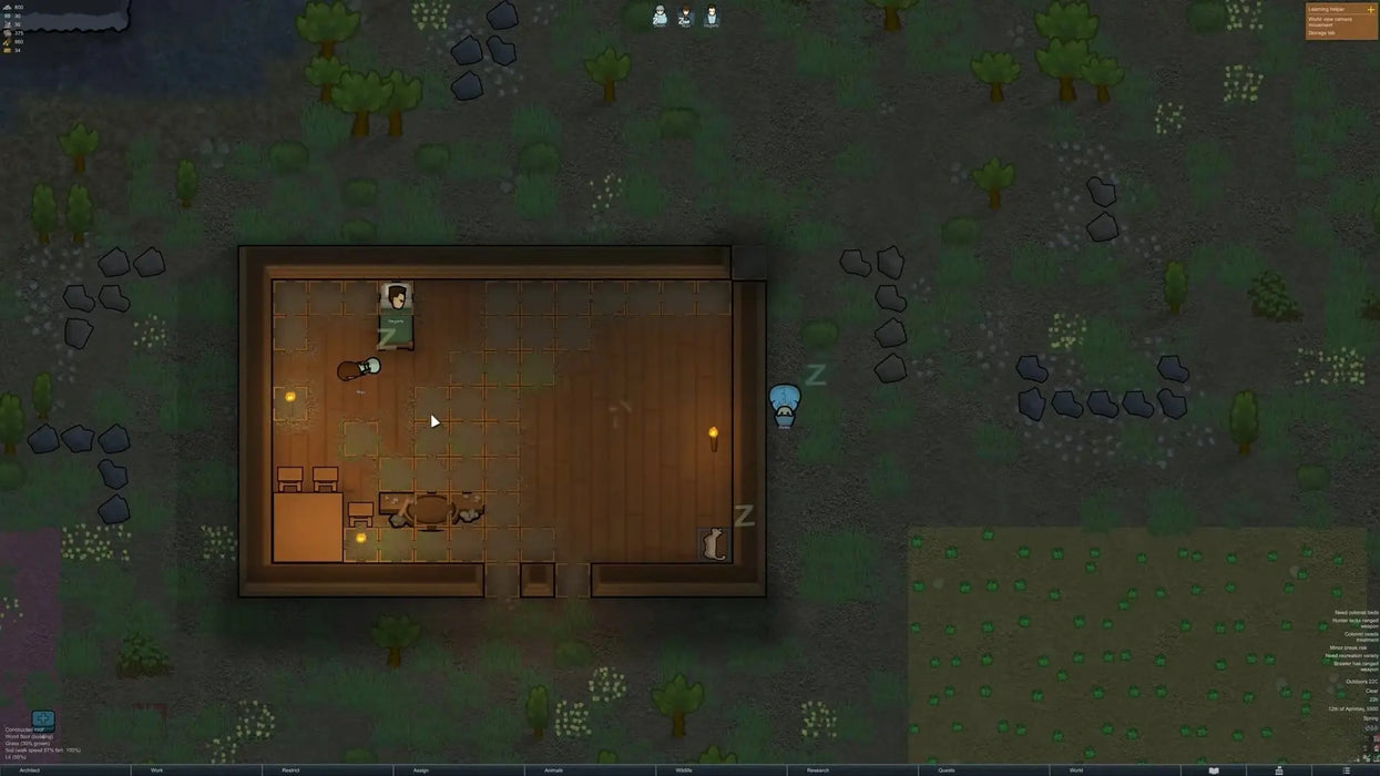 Nighttime gameplay scene from RimWorld on PC, depicting colonists resting inside a cozy wooden structure with domesticated animals nearby. Secure your Steam activation key at RushGame.co