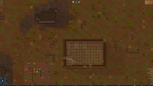 Gameplay screenshot of RimWorld for PC Steam, showcasing early-stage colony building with basic construction plans laid out on a grassy landscape. Buy your Steam key now at RushGame.co