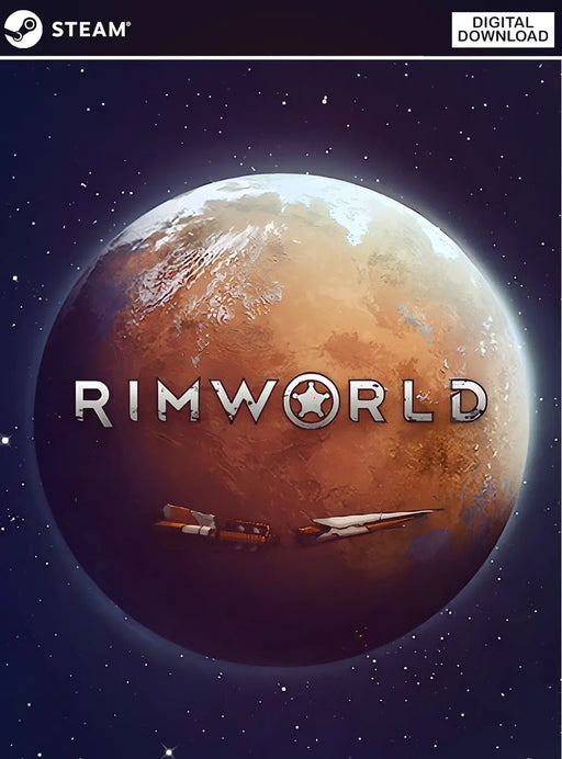 Official RimWorld cover art for PC Steam, displaying a detailed planet surrounded by space, capturing the game's sci-fi survival theme. Get your activation key instantly at RushGame.co