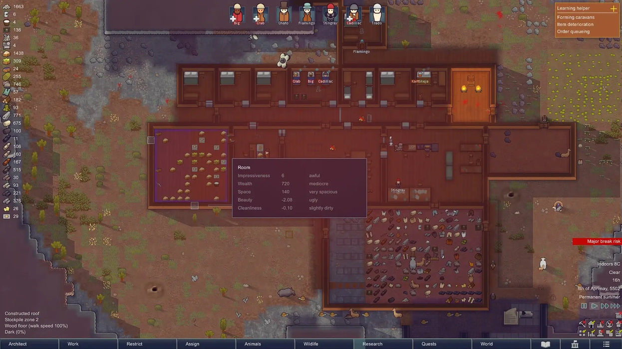 Gameplay screenshot from RimWorld Royalty DLC, showcasing an organized base layout with colonists performing daily tasks and managing resources. Activate your Steam key today at RushGame.co