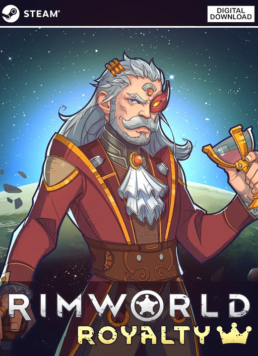 Official cover of RimWorld Royalty DLC for PC Steam, featuring a regal, futuristic nobleman set against a cosmic background. Unlock your DLC at RushGame.co