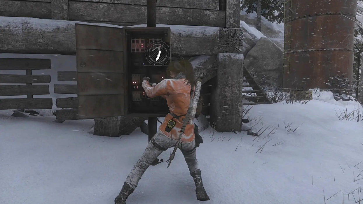 In-game image from Rise of the Tomb Raider: 20 Year Celebration Edition for XBOX One, featuring Lara Croft interacting with a control panel in a snowy, outdoor environment. Unlock this adventure now with an Xbox digital key from RushGame.co