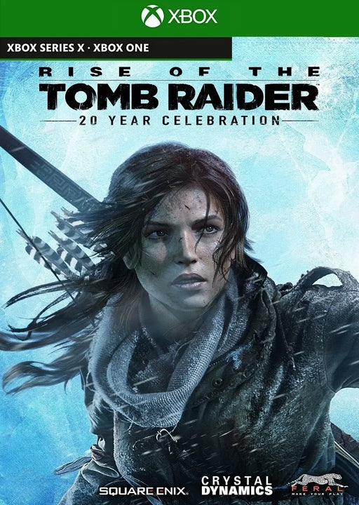 Cover art for Rise of the Tomb Raider: 20 Year Celebration Edition XBOX One CD Key US, featuring Lara Croft with bow and arrows against an icy blue backdrop. Buy your digital Xbox key today at RushGame.co for instant access to this iconic adventure
