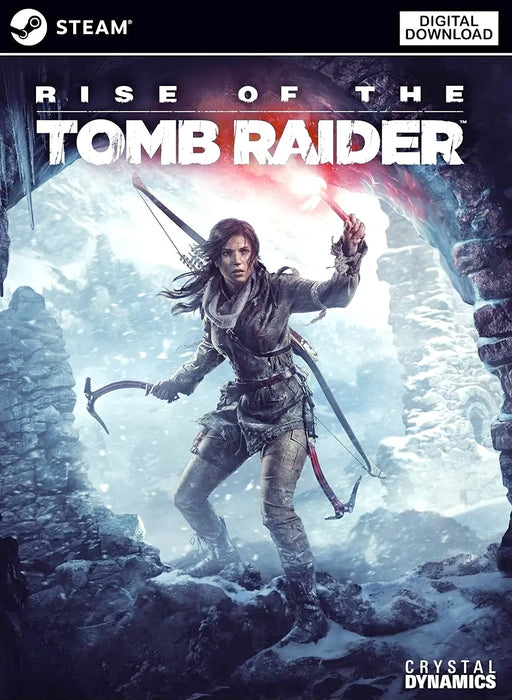 Cover art for Rise of the Tomb Raider PC Steam CD Key, featuring Lara Croft ready for action in a snowy mountain landscape. Purchase your digital Steam key at RushGame.co and join the legendary quest