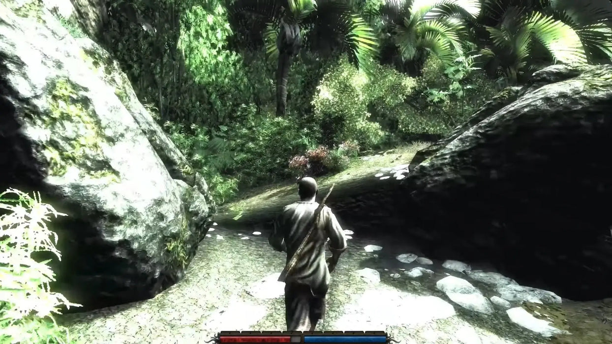 Immersive gameplay screenshot from Risen on PC Steam, with the protagonist running through a lush, sunlit jungle surrounded by rocks. Buy your digital game code at RushGame.co and explore mysterious islands