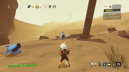 Dynamic gameplay screenshot from Risk of Rain 2 on Xbox, featuring a survivor battling monsters in a desert area with the mission to activate the teleporter. Purchase your Risk of Rain 1 + 2 Xbox CD key at RushGame.co for endless cooperative fun
