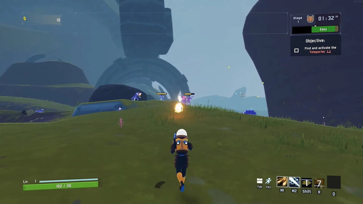 Gameplay image from Risk of Rain 2 for Xbox, showing the main character shooting enemies in a sci-fi environment with alien landscapes. Unlock the Risk of Rain 1 + 2 Bundle instantly at RushGame.co with a digital Xbox key