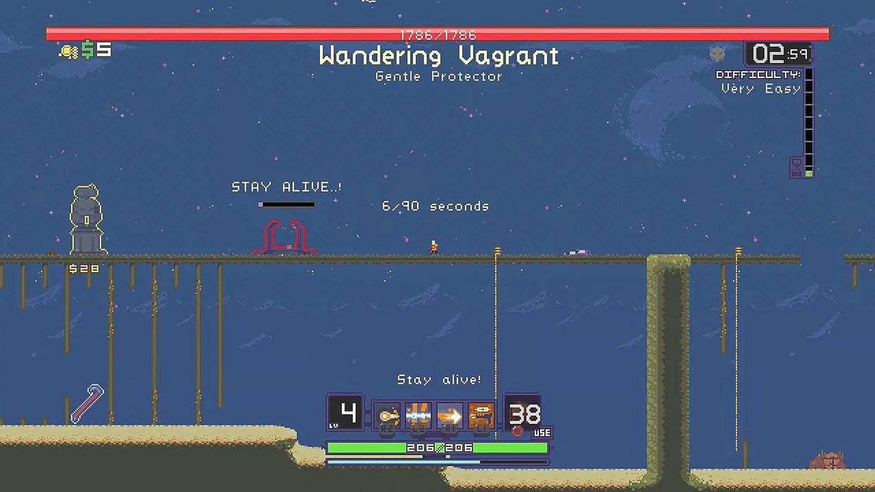 In-game screenshot from Risk of Rain 1 on Xbox, featuring a boss battle against Wandering Vagrant in pixel-art style with the objective to stay alive. Buy your Risk of Rain 1 + 2 Xbox CD key at RushGame.co and experience thrilling roguelike action