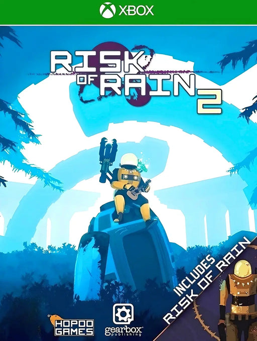 Cover art for Risk of Rain 1 + 2 Bundle XBOX CD Key US, showing the survivor resting on an escape pod in a stylized blue forest. Get your digital Xbox key at RushGame.co and enjoy two iconic roguelike adventures.