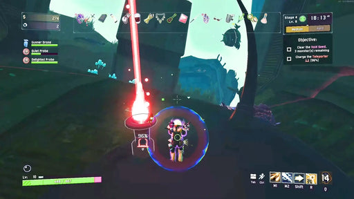 Gameplay image from Risk of Rain 2 on PC Steam, featuring the player activating a teleporter in a lush, alien landscape with interface and items visible. Get your digital Risk of Rain 2 Steam key now at RushGame.co and jump into fast-paced co-op action