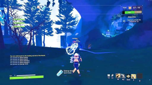 Gameplay screenshot from Risk of Rain 2 + Survivors of the Void Bundle on PC Steam, featuring a survivor firing at a robotic enemy in a glowing blue alien forest. Get your Steam CD key at RushGame.co and activate the teleporter in this action-packed roguelike