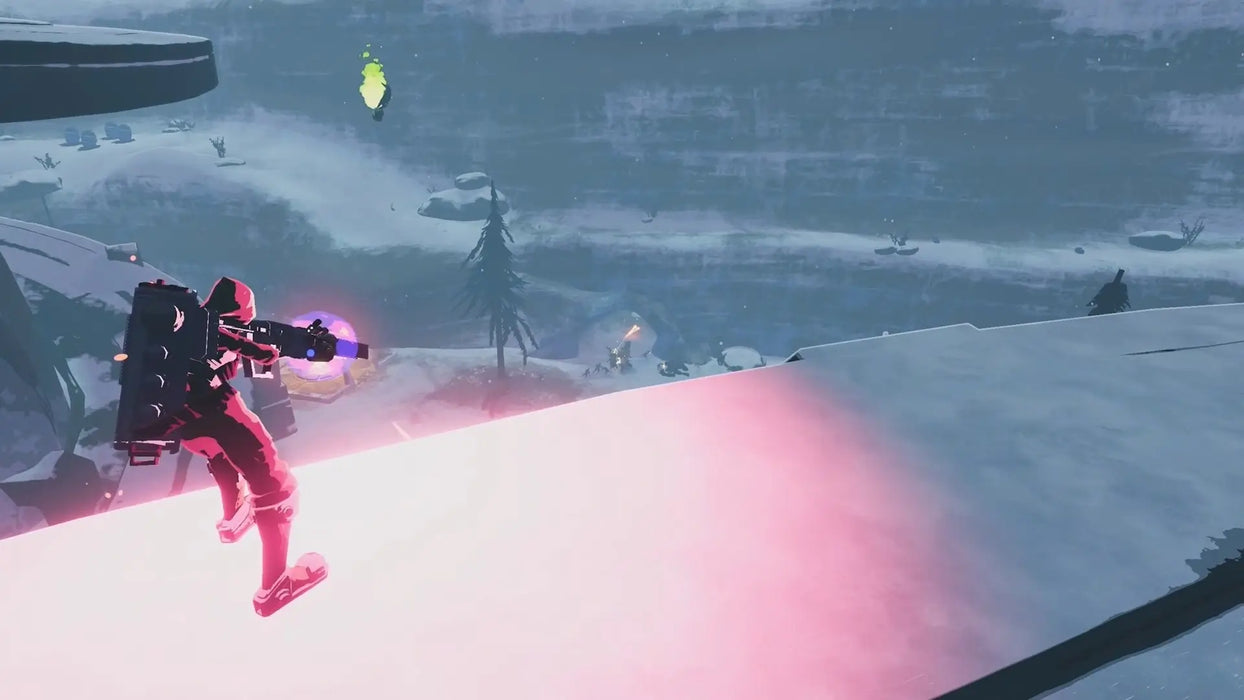 Dynamic gameplay image from Risk of Rain 2 – Survivors of the Void DLC for Steam, featuring a survivor aiming a rifle on a snowy cliff overlooking a battle below. Get your global Steam key for the Survivors of the Void DLC at RushGame.co and expand your adventure