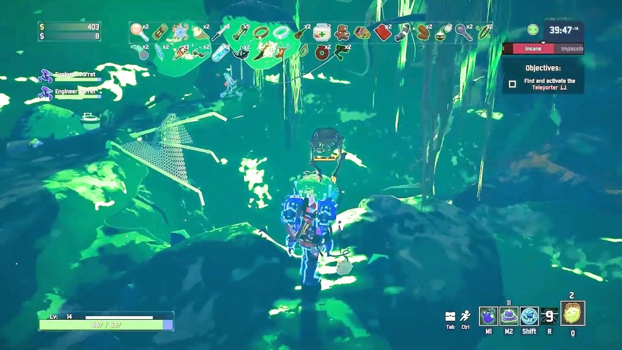 In-game image from Risk of Rain 2 on Xbox One, featuring the player navigating a lush, green alien environment with active turrets. Get your Risk of Rain 2 Xbox CD Key US at RushGame.co for instant co-op action