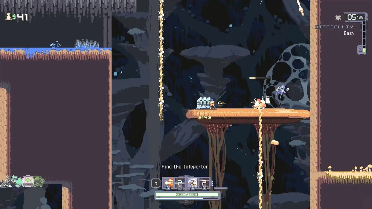 In-game image from Risk of Rain Returns on PC Steam, featuring the player battling enemies on a floating platform in a dark, cavernous level. Unlock Risk of Rain Returns with a Steam digital code from RushGame.co and experience pixel roguelike adventures