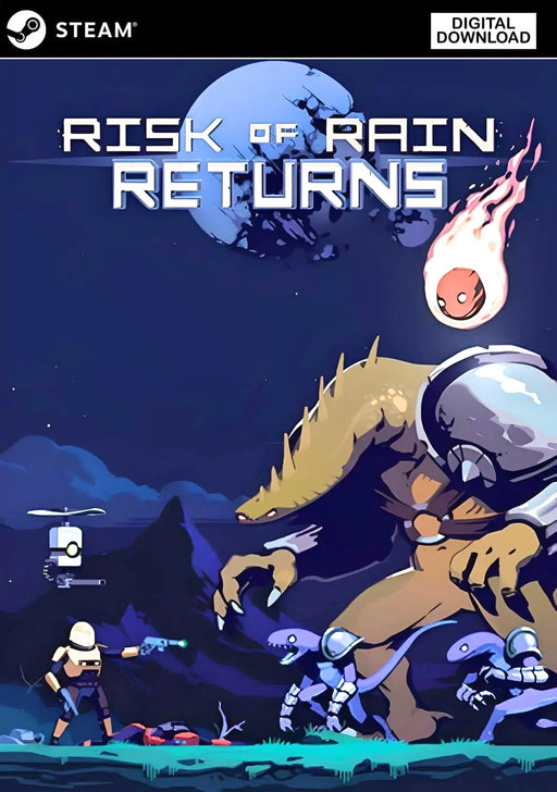 Cover art for Risk of Rain Returns on PC Steam, displaying a heroic survivor facing off against alien monsters under a shattered moon. Purchase your Risk of Rain Returns Steam CD Key at RushGame.co for fast, secure digital delivery