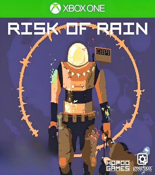Official cover art for Risk of Rain on Xbox One, showcasing the pixel-art survivor in a spacesuit against a dark, mysterious backdrop. Purchase your Risk of Rain US Xbox One CD Key now at RushGame.co for instant and secure delivery