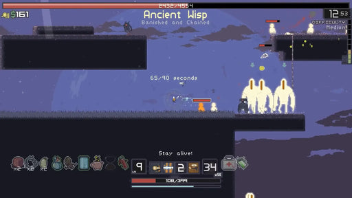 Action-packed gameplay screenshot from Risk of Rain on Xbox One, with the player battling the Ancient Wisp boss and multiple glowing enemies. Get your Risk of Rain Xbox One CD Key at RushGame.co and dive into challenging roguelike gameplay