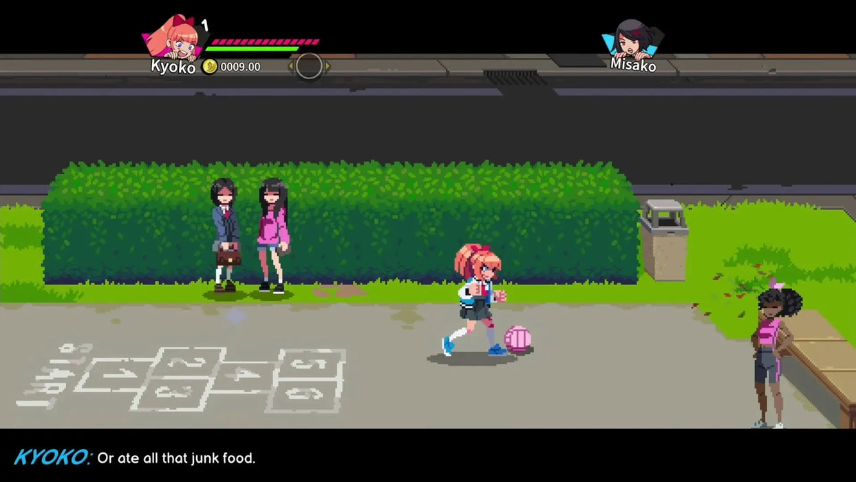 In-game image from River City Girls 2 on PC Steam, showing Kyoko running past classmates in a vibrant schoolyard. Get your River City Girls 2 digital Steam key from RushGame.co and dive into co-op adventures