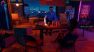 A tense scene from Road 96 where a character faces a street hustler at night, illuminated by orange and blue lights. Discover unforgettable moments and get your Road 96 Steam Key with fast delivery from RushGame.co