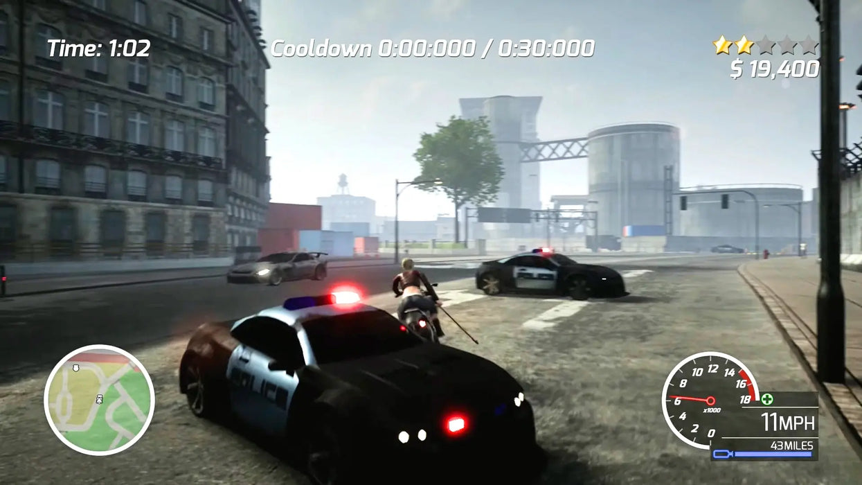 Road Rage Xbox One gameplay screenshot showing a police chase with motorcycles and patrol cars in a gritty city environment. Buy your Road Rage Xbox One code at RushGame.co for instant delivery and the best deals on Xbox racing games