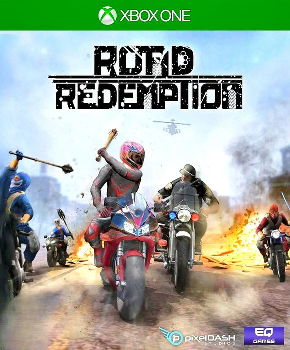 cover art of Road Redemption for Xbox One, displaying motorbike riders in a dramatic road battle, wielding melee weapons. Buy Road Redemption Xbox One CD Key online at RushGame.co for instant access