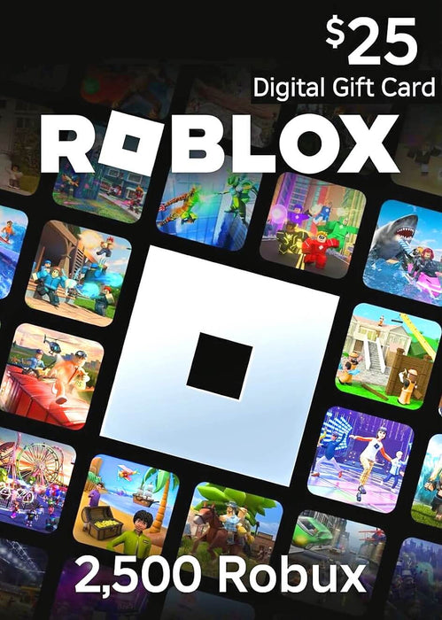 image of the Roblox $25 Digital Gift Card, featuring the Roblox logo, colorful in-game scenes, and 2,500 Robux credit. Instantly buy your Roblox $25 Gift Card at RushGame.co and unlock Robux to spend on exclusive items and game passes