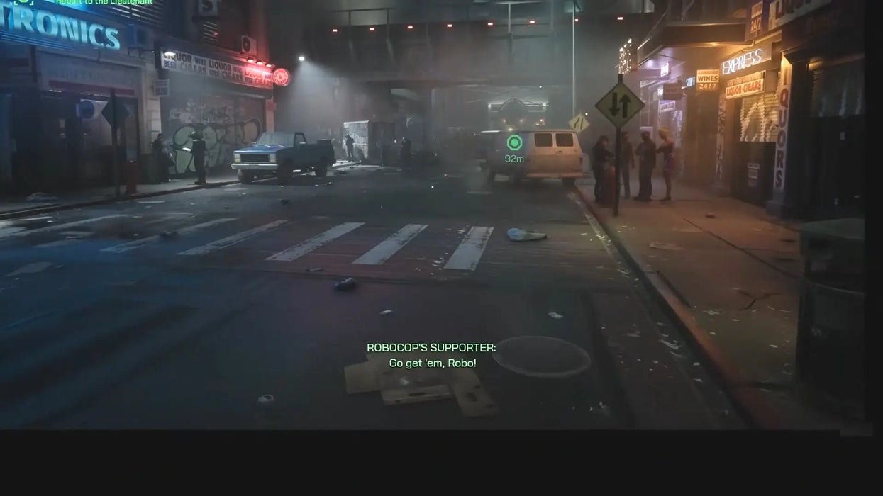 In-game screenshot from Robocop: Rogue City Alex Murphy Edition for Steam, displaying a dark city street with neon signs, cars, and civilians as Robocop patrols the area. Buy Robocop: Rogue City Alex Murphy Edition Steam activation code now at RushGame.co