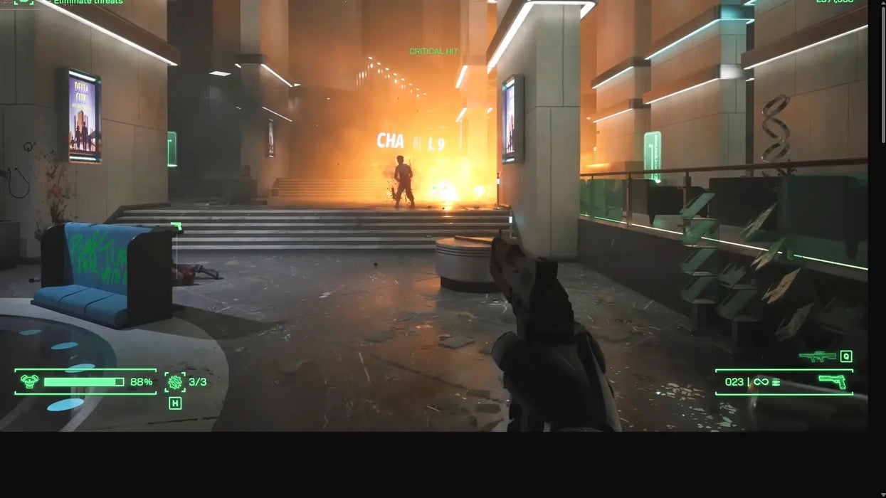 Gameplay screenshot from Robocop: Rogue City Alex Murphy Edition on Steam, capturing a critical hit explosion as Robocop faces off against criminals in a modern building lobby. Get your Robocop: Rogue City Alex Murphy Edition Steam CD key securely at RushGame.co