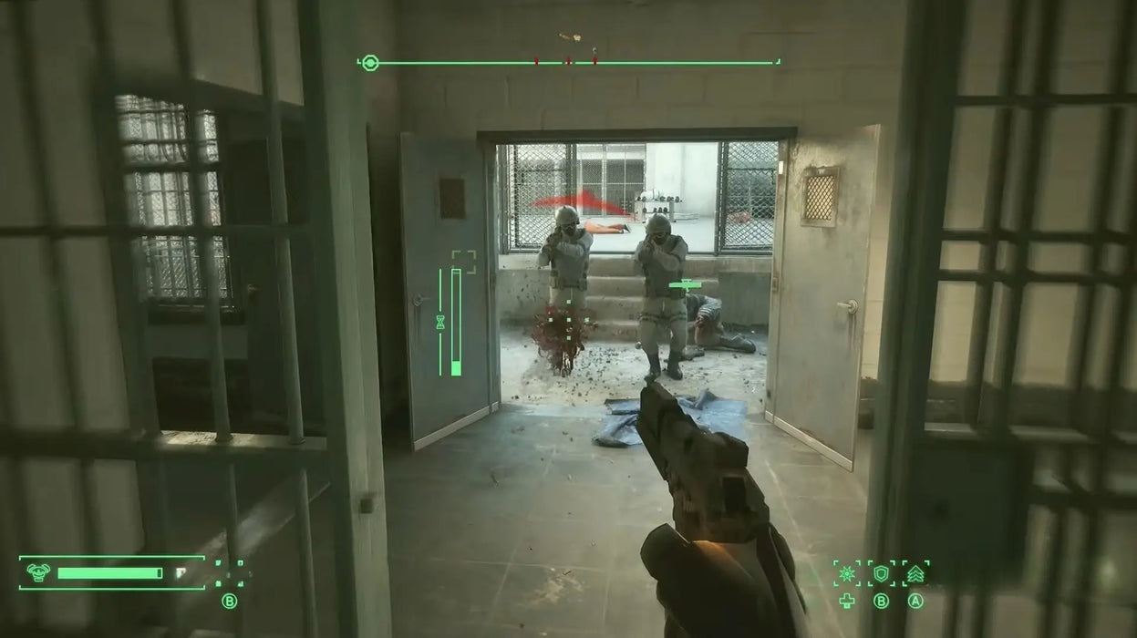 A first-person perspective in RoboCop: Rogue City, engaging multiple armored enemies behind bars in a prison environment. Get your official RoboCop: Rogue City Steam CD Key instantly at RushGame.co and join the fight for justice