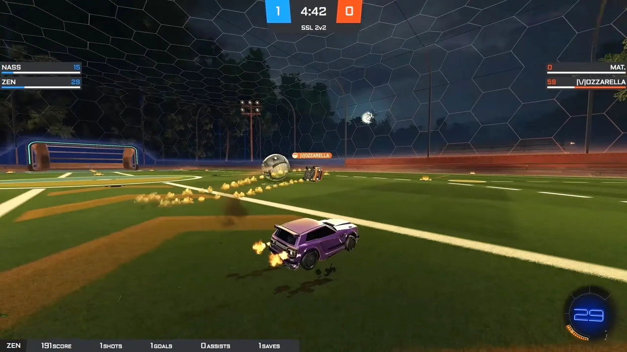 Rocket League gameplay screenshot on Xbox One, with cars racing for the ball in a dynamic soccer stadium. Get your Rocket League Xbox One Key from RushGame.co and unlock hours of high-speed fun