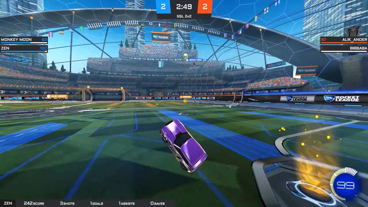 In-game screenshot from Rocket League on Xbox One, showing an intense soccer match with cars in motion. Purchase your Rocket League Xbox One key instantly at RushGame.co and join the action today